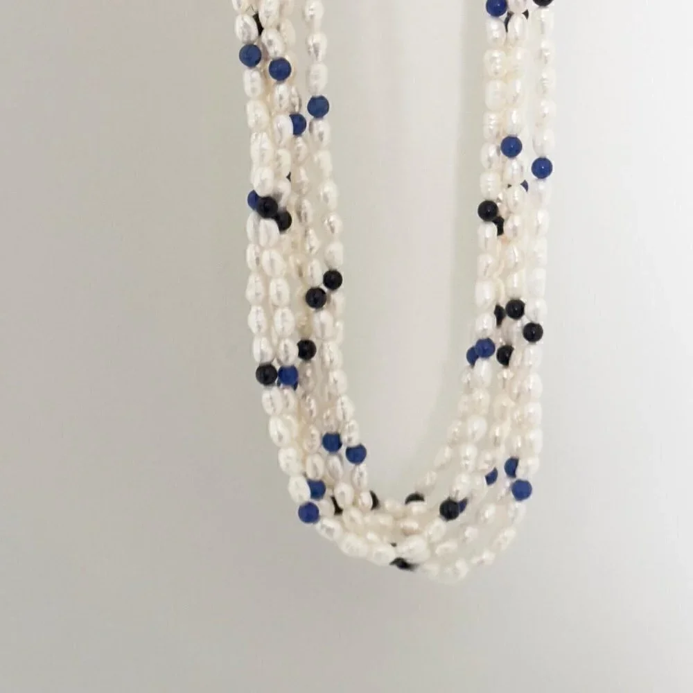 Vintage 14k Yellow Gold Pearl 6 Row Multi Strand Onyx Lapis Statement Necklace